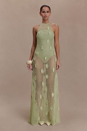 Elfie Crochet Halter Maxi Dress - Pastel Green