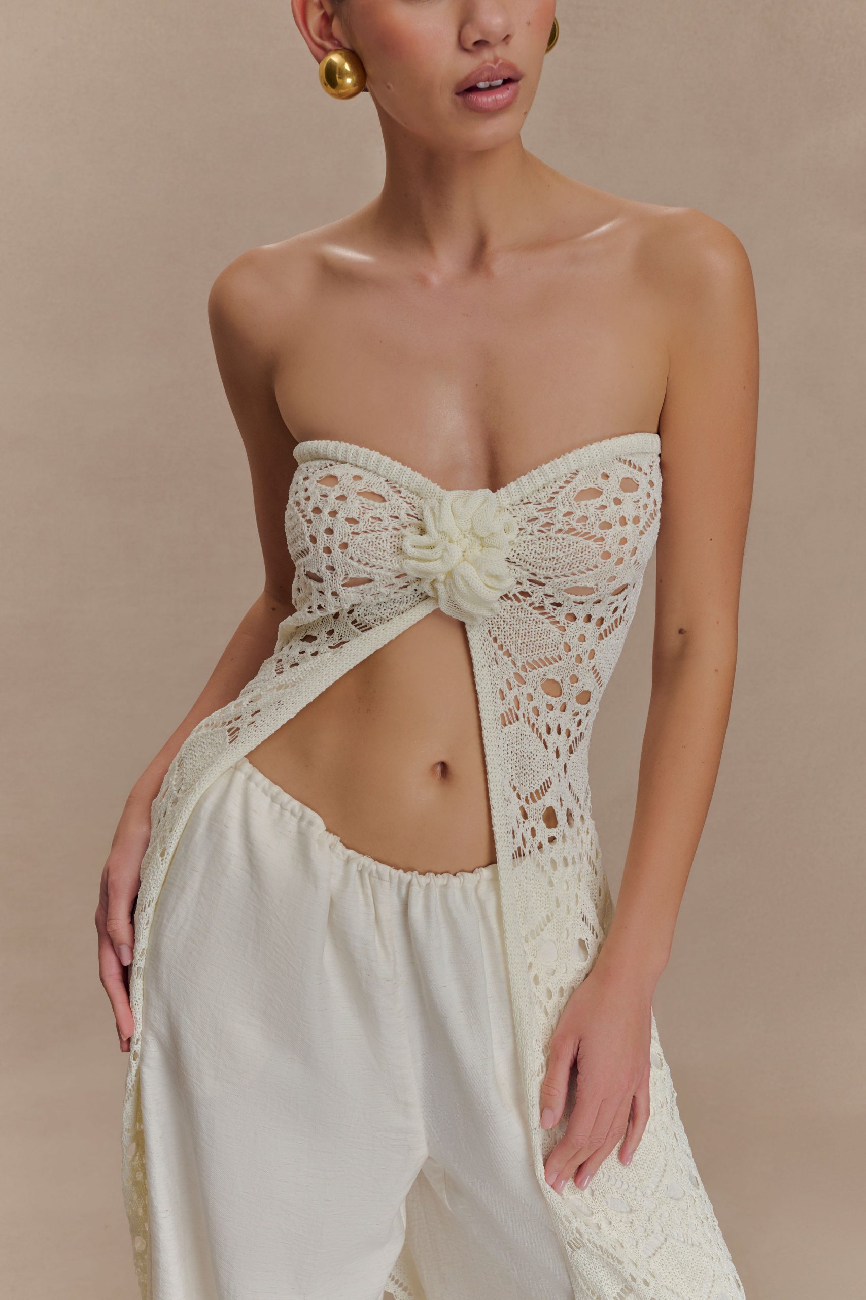 Aeline Strapless Crochet Knit Top - Ivory - Image 3